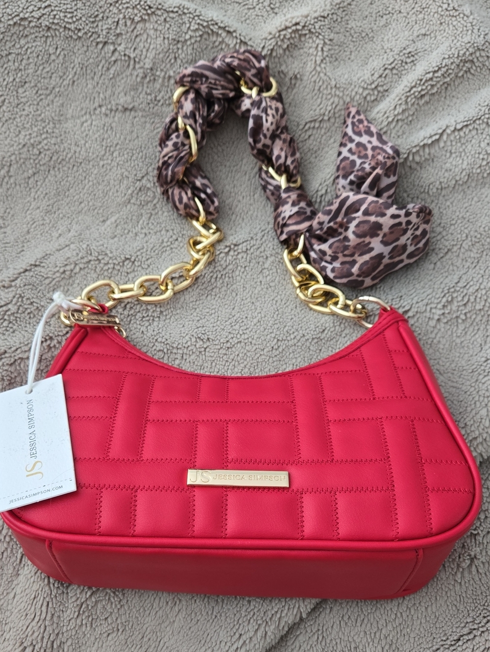 Jessica Simpson Red Quilted Shoulder Bag with Gold Chain and Leopard Scarf NWT